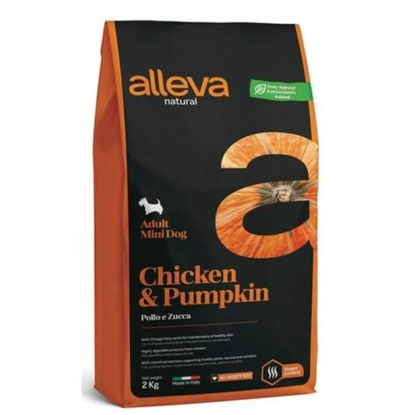 Croquettes Super Premium complètes Alleva Natural Poulet & Potiron pour chien adulte de petite race.
